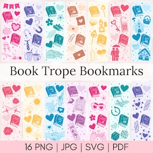 Puede incluir: Una colección de coloridos marcadores con varias ilustraciones y el texto "Book Trope Bookmarks." Cada marcador presenta un diseño diferente, incluyendo libros, corazones y otros gráficos temáticos. La parte inferior de la imagen muestra "16 PNG | JPG | SVG | PDF."