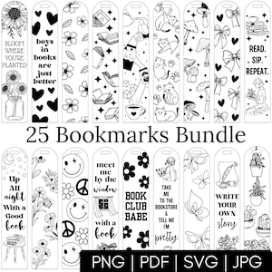 Peut inclure: Un lot de 25 marque-pages noirs et blancs avec divers motifs. Les marque-pages présentent des motifs floraux, des chats, des livres et des citations inspirantes comme "Bloom where you're planted" et "Write your own story."