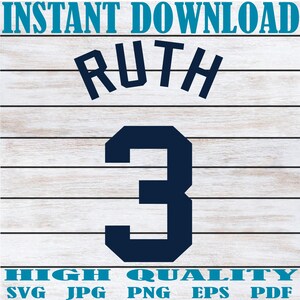 May include: Digital design featuring the name "RUTH" above the number "3" in navy blue, set against a light wood grain background. The words "INSTANT DOWNLOAD" and "HIGH QUALITY" are at the top and bottom, with file type options.