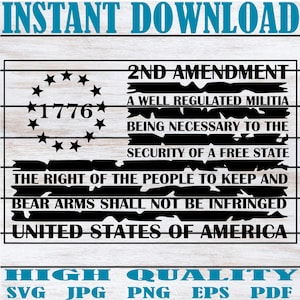 Pode incluir: Um design digital em preto e branco com o texto da 2ª Emenda da Constituição dos Estados Unidos, com um design de bandeira americana desgastada. O design inclui o texto "1776" e "Estados Unidos da América."