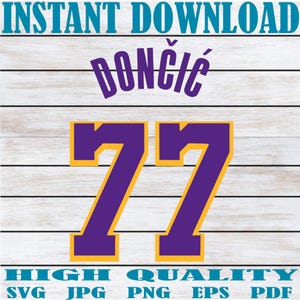 May include: Purple and yellow number 77 with the name "Dončić" in purple letters above the number. The background is a wood grain pattern.
