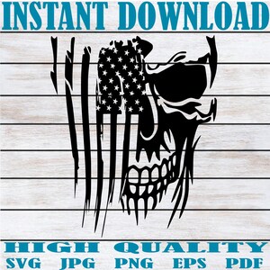 May include: Black skull graphic with an American flag design, featuring stars and stripes. The image includes the text "INSTANT DOWNLOAD" at the top and "HIGH QUALITY" with file type options at the bottom. The design is on a light wood grain background.