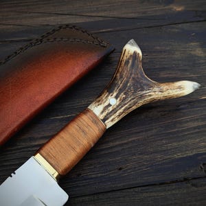 May include: A hunting knife with a brown leather sheath and a stag antler handle. The blade is silver and has a slight curve.