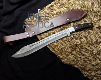 Handmade 18'' Damascus Steel Machete | Densified Wood Handle, Leather Sheath