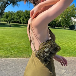Luxury Vintage Handbags for Women, Crystal Olive color bag, Fashion Crossbody Bag, Evening Diamand Bag, Beaded clutch, Old Money Accessories