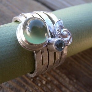 Prehnite and Aquamarine Stacking Ring Set with Repousse Silver Shell Sz 7 OOAK image 3