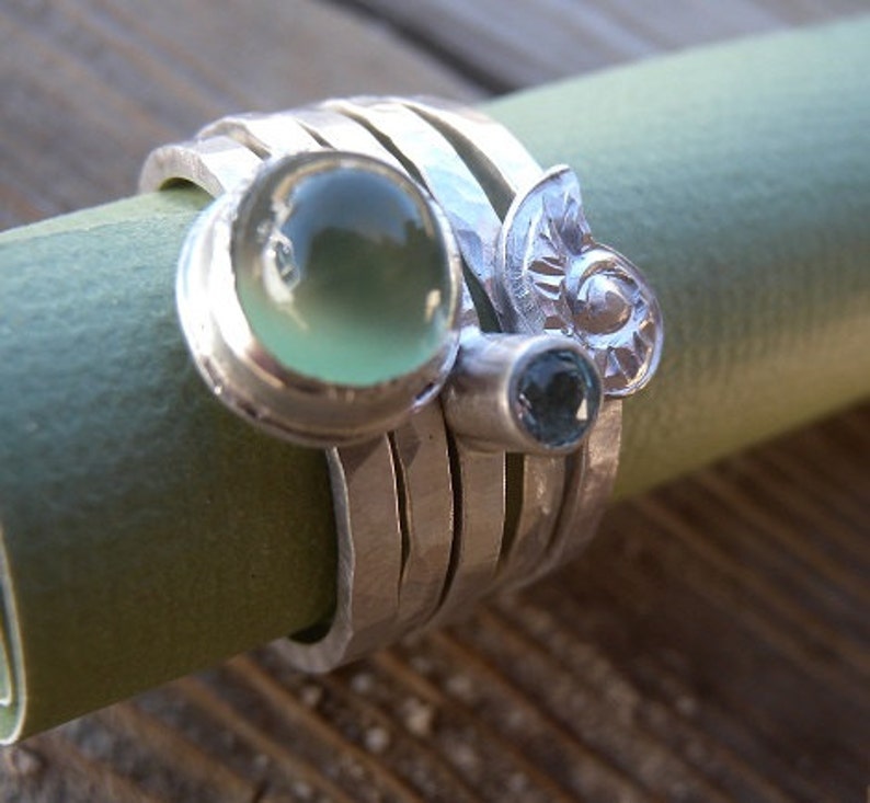 Prehnite and Aquamarine Stacking Ring Set with Repousse Silver Shell Sz 7 OOAK image 3