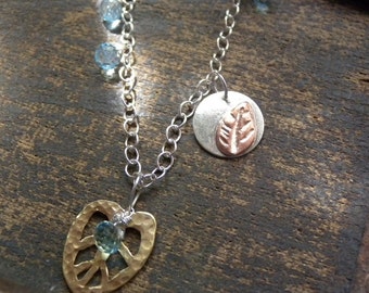 Brass Leaf, Blue Topaz and Sterling Silver necklace