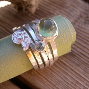 Prehnite and Aquamarine Stacking Ring Set with Repousse Silver Shell Sz 7 OOAK image 1
