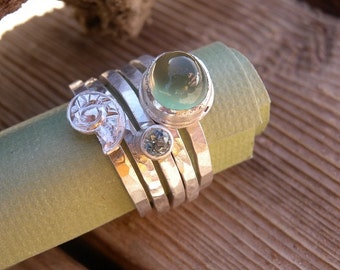 Prehnite and Aquamarine Stacking Ring Set with Repousse Silver Shell Sz 7 OOAK