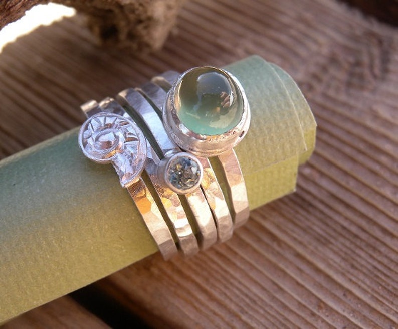 Prehnite and Aquamarine Stacking Ring Set with Repousse Silver Shell Sz 7 OOAK image 1