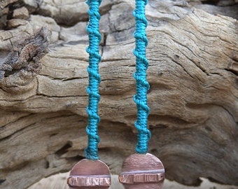 Teal Half Hitch Wrapped Earrings with Copper Fold Formed Disc