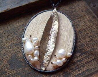Sterling Hair on Hide Pendant with Brass Leaf and Pearls OOAK