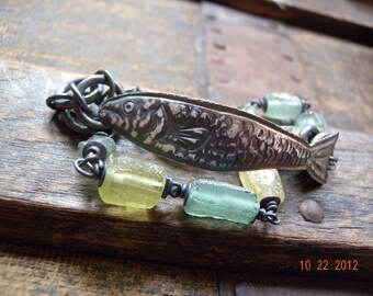 Repousse Fish and Aqua Ancient Glass Bead Bracelet