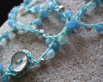 Recycled Blue Glass Bead Wrap Bracelet or Necklace with Peruvian Opal and Bali Silver Beads