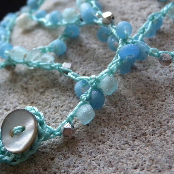 Recycled Blue Glass Bead Wrap Bracelet or Necklace with Peruvian Opal and Bali Silver Beads