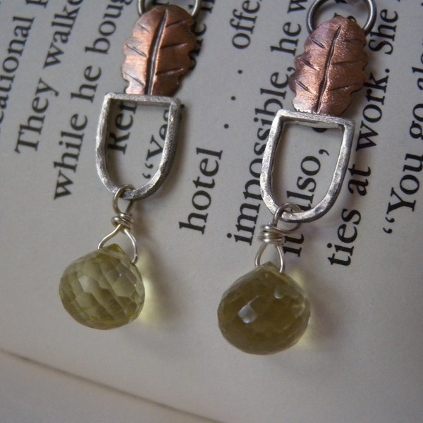 Sterling Earrings with Lemon Quartz Briolettes and Copper Leaf