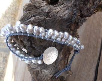 Grey Pearl Single Wrap Bracelet with Sterling Button