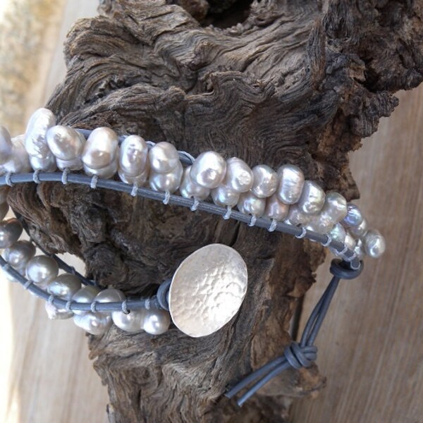 Grey Pearl Single Wrap Bracelet with Sterling Button