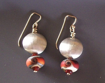 Lava and Sterling Lentil Bead Earrings  14K earwires