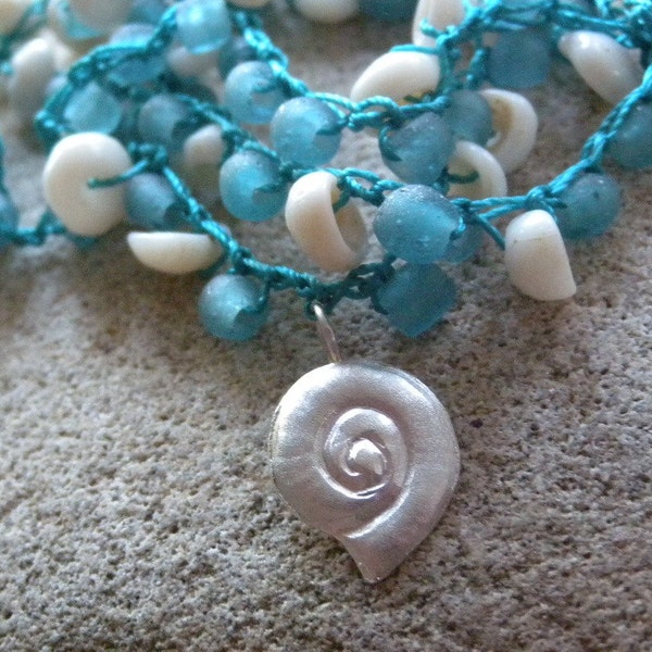 Aqua Recycled Glass Crocheted Wrap Bracelet or Necklace with Sterling Shell Charm