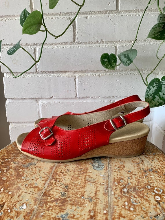 Vintage Shoes / Worishofer Red Leather Cork Wedge