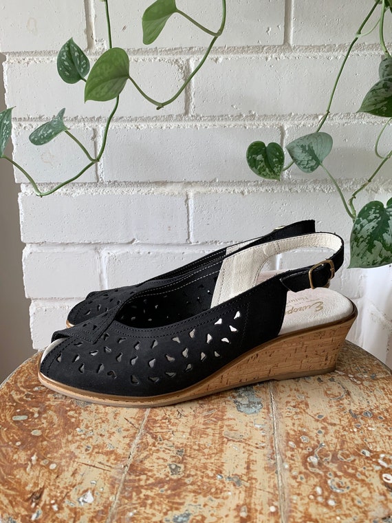 Vintage Shoes / Black Nubuck and Cork Wedge Perfor
