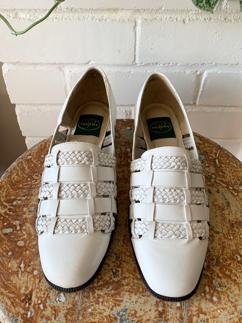 Vintage 1990s Shoes / White Woven Leather Loafer Shoes / Size 7.5 or 8 ...