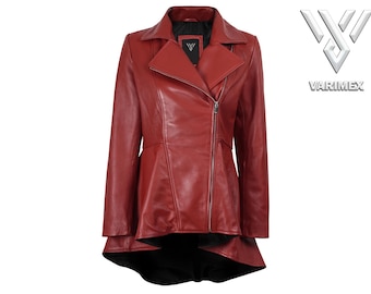 Chaqueta peplum de piel de cordero hecha a mano / Abrigo motero asimétrico
