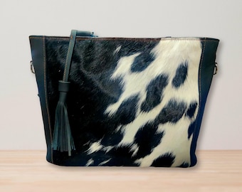 Handmade Cowhide Tote Bag: Genuine Leather Shoulder Purse with Zipper
