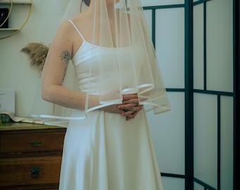 Ivory Drop Veil / 2 Tier Bridal Veil / Ivory Ribbon Edge Veil / Simple Minimal Blusher Veil