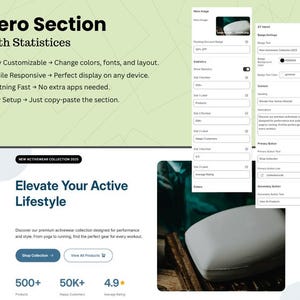 May include: A website design interface with the text "Hero Section With Statistics" and "Elevate Your Active Lifestyle." The design includes a product display, statistics, and call-to-action buttons for a new activewear collection.
