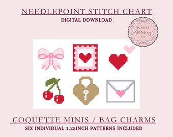 Bag Charm Needlepoint Chart Bundle - Coquette Minis - instant digital PDF download for beginners
