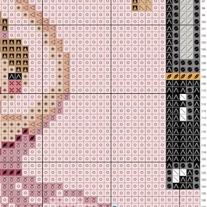 May include: A cross-stitch pattern chart with a grid of squares, featuring symbols in various colors. The design includes shapes like triangles, circles, and asterisks, with a black and white section on the right side. The chart is for a craft project.