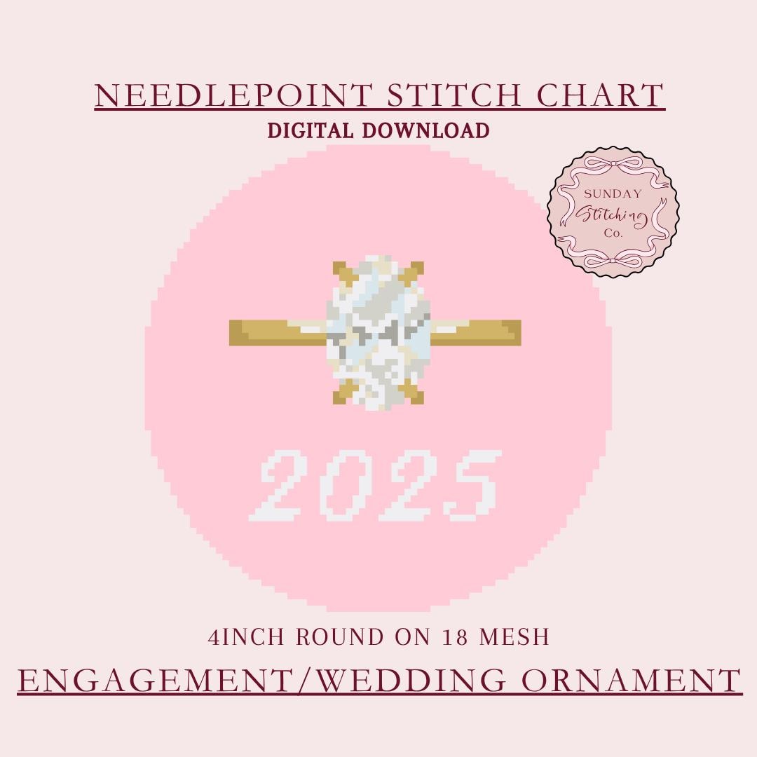 Engagement Needlepoint Chart - 18 mesh Diamond Ring round wedding gift ornament, digital PDF download, counted Cross Stitch Pattern