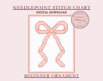 Easy Bow Needlepoint Chart for beginners - PDF digital download, counted Cross Stitch Pattern, DIY charted canvas, coquette design to paint