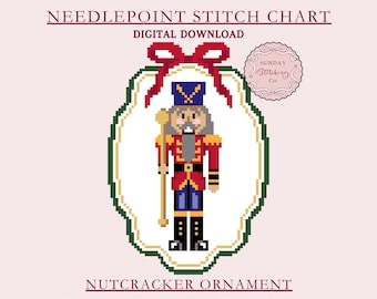 Nutcracker Needlepoint Chart, Christmas ornament pattern, digital PDF download, counted Cross Stitch Chart
