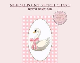 Needlepoint Digital Chart Swan, gingham counted Cross Stitch Pattern, digital PDF download, nursery gift, DIY charted canvas, paint your own