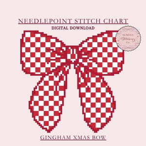 Christmas Digital Needlepoint Chart Gingham Bow - holiday ornament counted Cross Stitch pattern, PDF download, DIY charted painted canvas