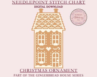 Gingerbread House Needlepoint Chart: Christmas Ornament Pattern, Digital PDF Download, counted cross stitch
