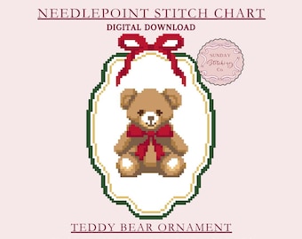 Teddy Bear Needlepoint Chart, Nutcracker Series Christmas ornament pattern, digital PDF download, counted Cross Stitch Chart,