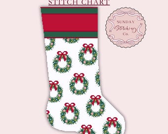 Needlepoint Christmas Stocking Chart - Wreaths - instant PDF download, cross stitch pattern, Alphabet Chart for Name Personalisation