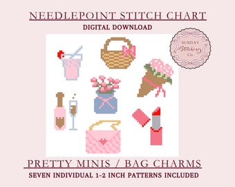 Bag Charm Needlepoint Chart Bundle "Pretty Minis", 1-2 inches, instant PDF digital download for beginner
