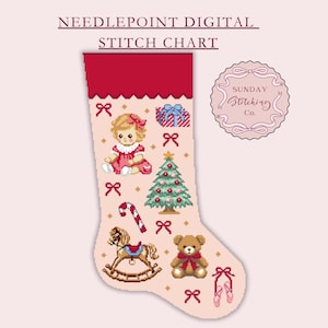 Grille de broderie pour bas de Noël pour filles - jouets et noeuds - modèle PDF numérique instantané, point de croix, grille de l'alphabet pour un nom personnalisé