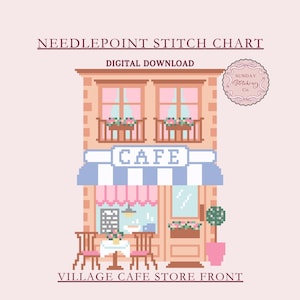 カフェニードルポイントチャート - コーヒーショップのデジタルPDFパターン、村のクロスステッチ、ダウンロード可能なDIYチャートキャンバス