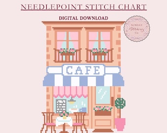 Cafe Needlepoint Chart - Coffee shop digital PDF pattern, village counted Cross Stitch, DIY charted canvas to download