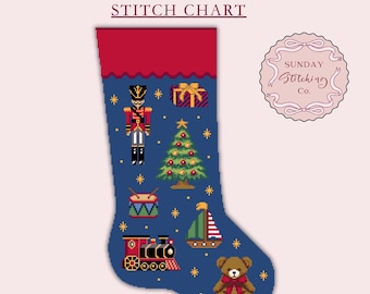 May include: Digital needlepoint stitch chart of a Christmas stocking with a red cuff and a blue body. The stocking is decorated with a toy soldier, Christmas tree, drum, train, sailboat, gift, teddy bear, and stars. The text "Needlepoint Digital Stitch Chart" is at the top.