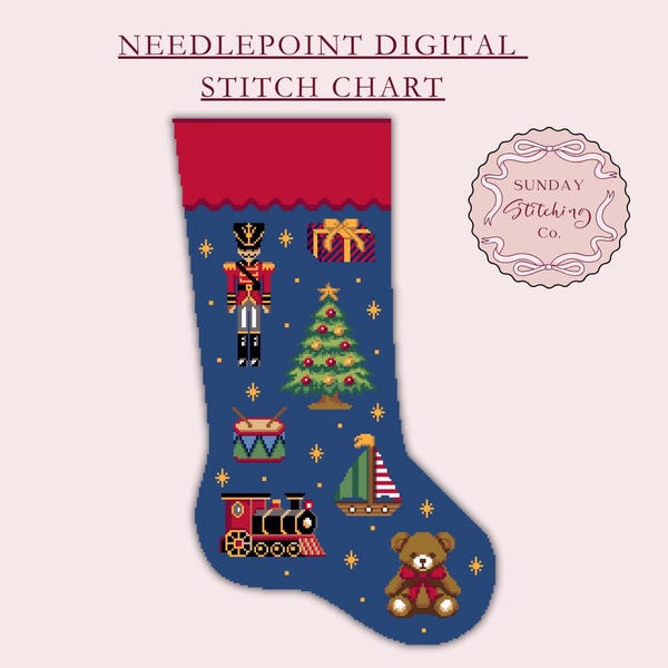Toys and Stars Christmas Stocking Needlepoint Stitch Chart - Cross Stitch DIGITAL PDF pattern, with Alphabet Chart for Name Personalisation