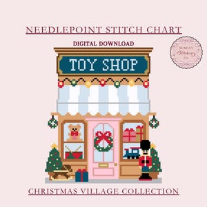 Christmas Village Needlepoint Chart “Toy Shop” PDF digital download, counted Cross Stitch pattern, DIY charted canvas for Xmas ornament