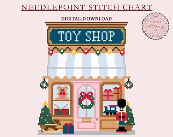 Christmas Village Needlepoint Chart “Toy Shop” PDF digital download, counted Cross Stitch pattern, DIY charted canvas for Xmas ornament